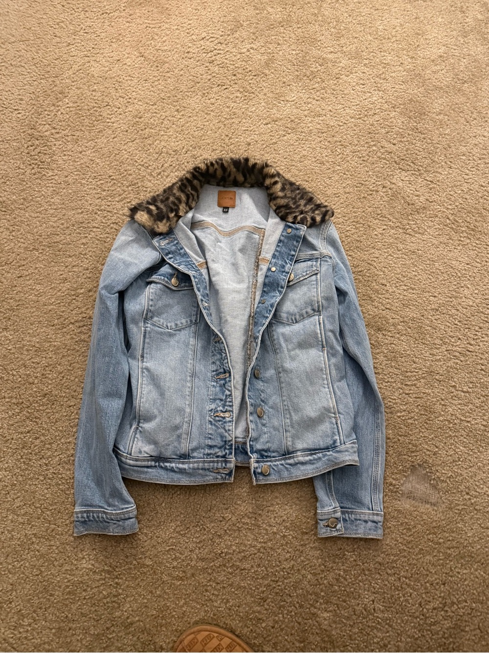 Joe's Jeans Light Blue Denim Jacket with Faux Fur Leopard Collar